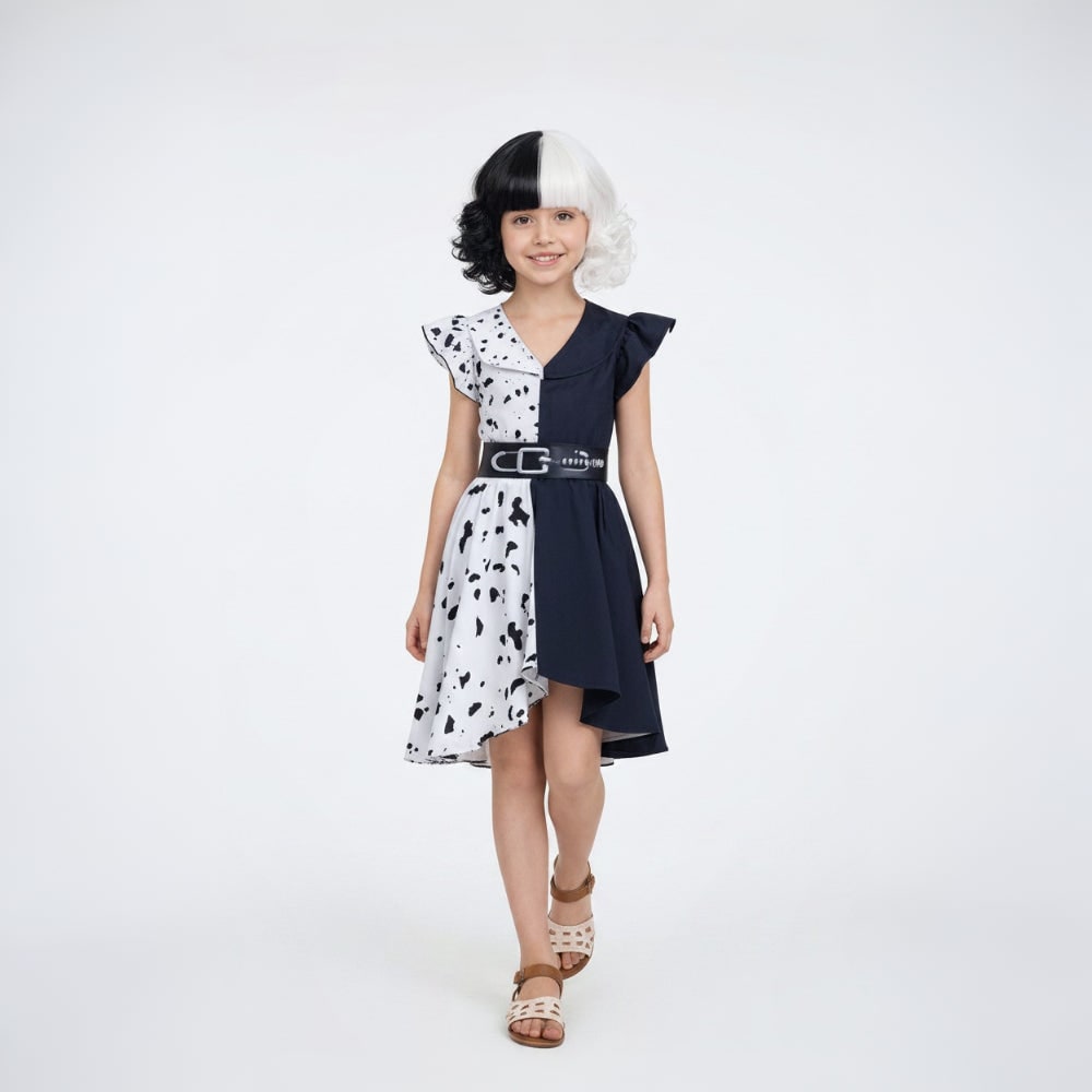 Kids Halloween Cruella De Vil Costume with Dalmatian Cape and Wig