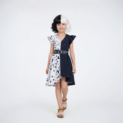 Kids Halloween Cruella De Vil Costume with Dalmatian Cape and Wig