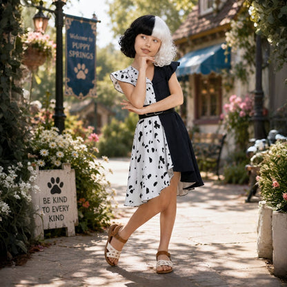 Kids Halloween Cruella De Vil Costume with Dalmatian Cape and Wig