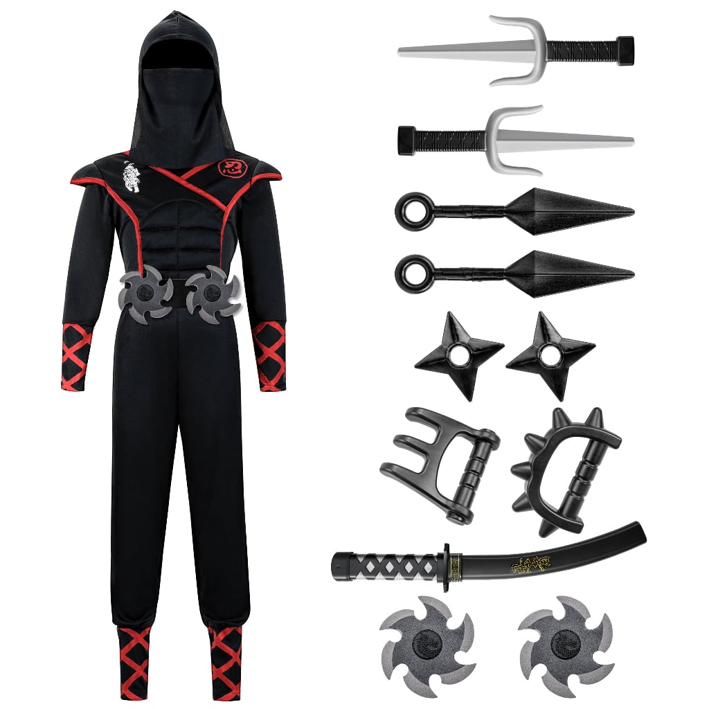 Set costume da ninja per bambini per Halloween con maschera, cintura e guanti