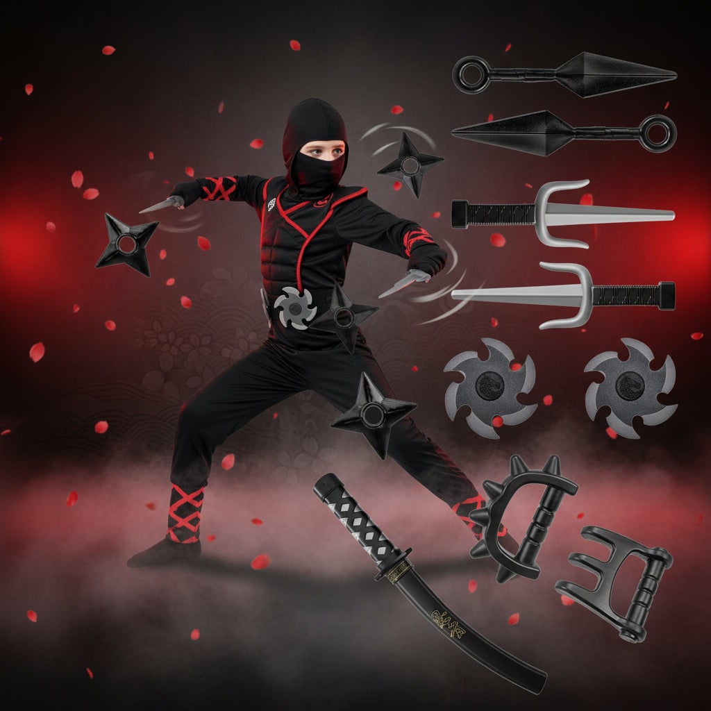 Set costume da ninja per bambini per Halloween con maschera, cintura e guanti