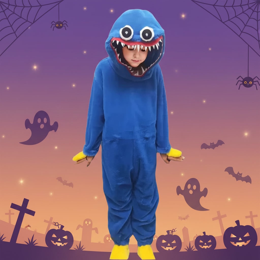 Costume da mostro in peluche per bambini, tuta con cappuccio per Halloween e feste