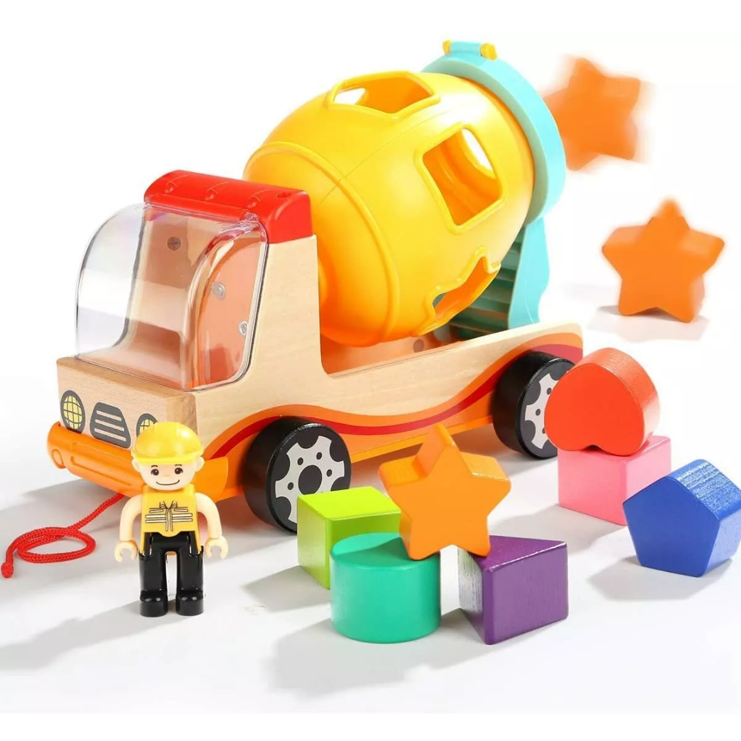Kids Shape Sorting Dump Truck Toy with Spinning Mixer and Educational Learning Blocks
