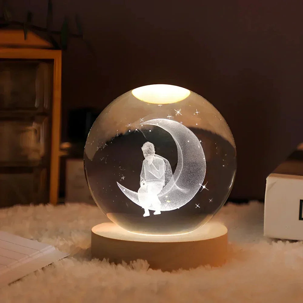 Lampada notturna a sfera di cristallo LED con rappresentazione 3D di un pianeta, luce bianca calda e decorazione USB