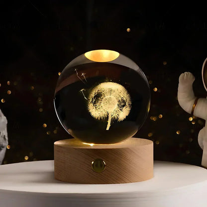 Lampada notturna a sfera di cristallo LED con rappresentazione 3D di un pianeta, luce bianca calda e decorazione USB