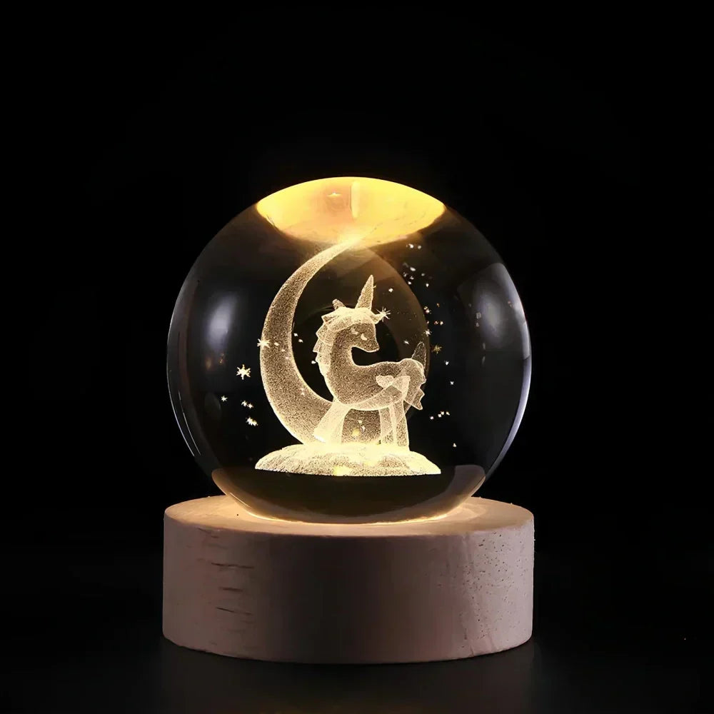 Lampada notturna a sfera di cristallo LED con rappresentazione 3D di un pianeta, luce bianca calda e decorazione USB
