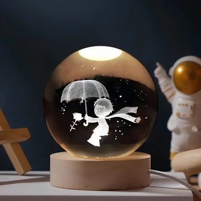 Lampada notturna a sfera di cristallo LED con rappresentazione 3D di un pianeta, luce bianca calda e decorazione USB