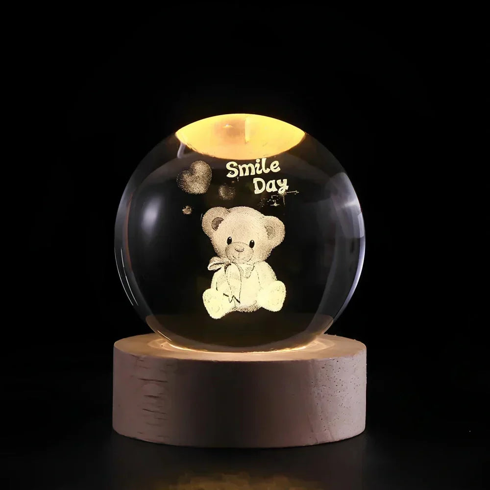 Lampada notturna a sfera di cristallo LED con rappresentazione 3D di un pianeta, luce bianca calda e decorazione USB