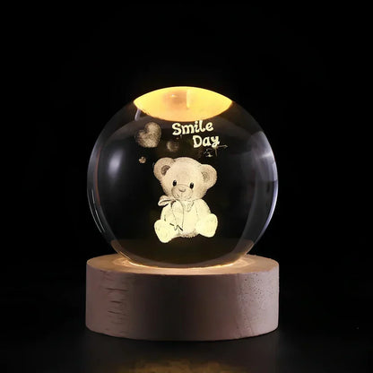 Lampada notturna a sfera di cristallo LED con rappresentazione 3D di un pianeta, luce bianca calda e decorazione USB