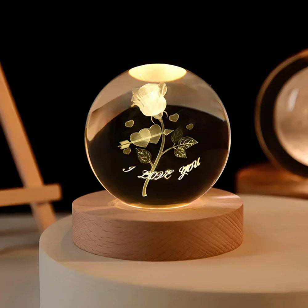 Lampada notturna a sfera di cristallo LED con rappresentazione 3D di un pianeta, luce bianca calda e decorazione USB