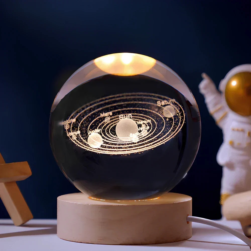 Lampada notturna a sfera di cristallo LED con rappresentazione 3D di un pianeta, luce bianca calda e decorazione USB