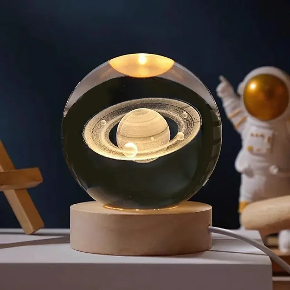Lampada notturna a sfera di cristallo LED con rappresentazione 3D di un pianeta, luce bianca calda e decorazione USB