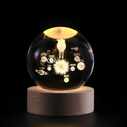 Lampada notturna a sfera di cristallo LED con rappresentazione 3D di un pianeta, luce bianca calda e decorazione USB