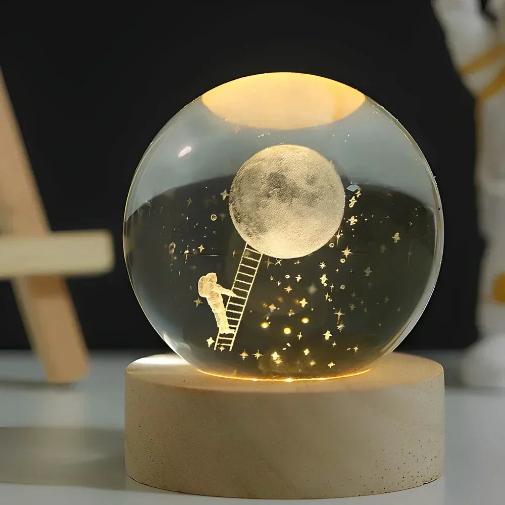 Lampada notturna a sfera di cristallo LED con rappresentazione 3D di un pianeta, luce bianca calda e decorazione USB