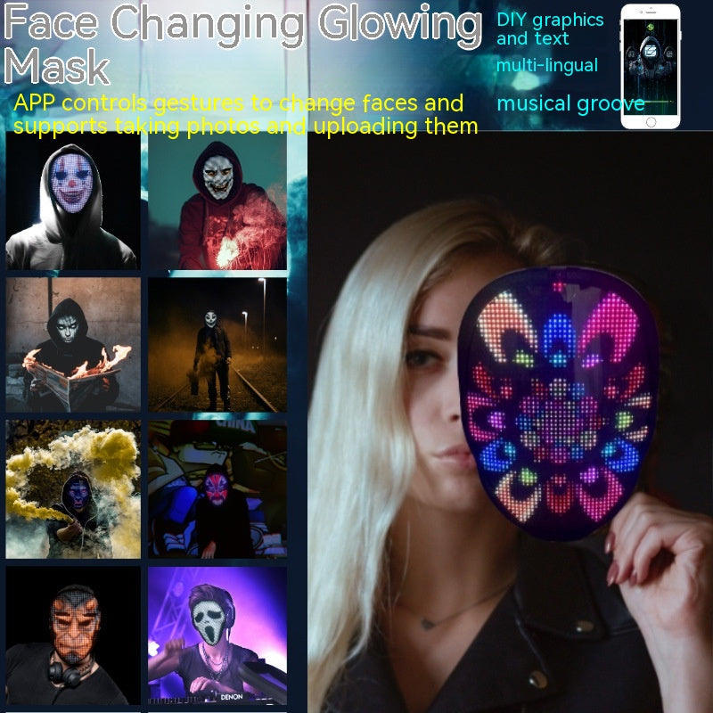LED Face Mask for Halloween – Changing Face Light Mask, Rechargeable Party & Festival Accessory