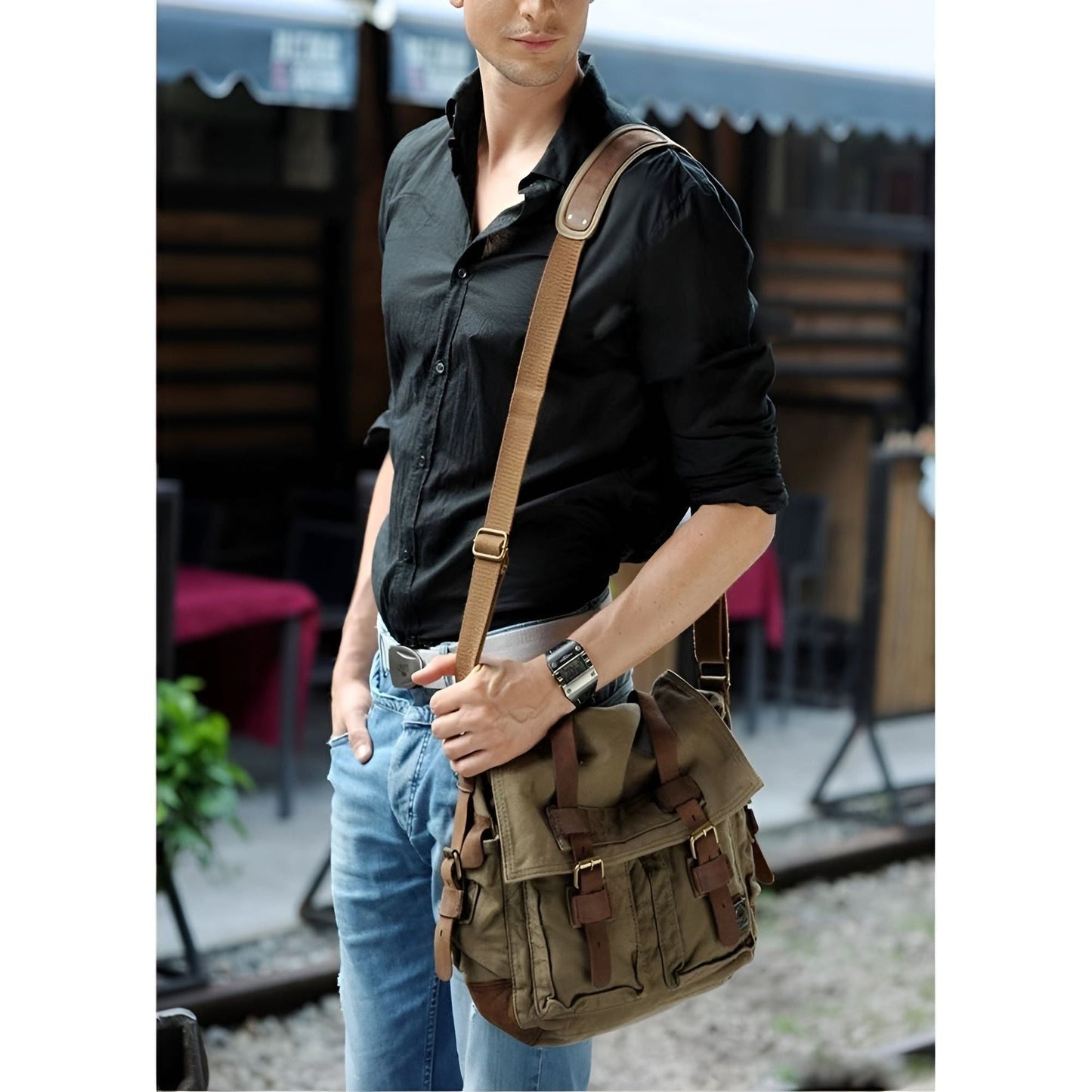 Larvento – Men’s Vintage Canvas Messenger Bag with Leather Accents