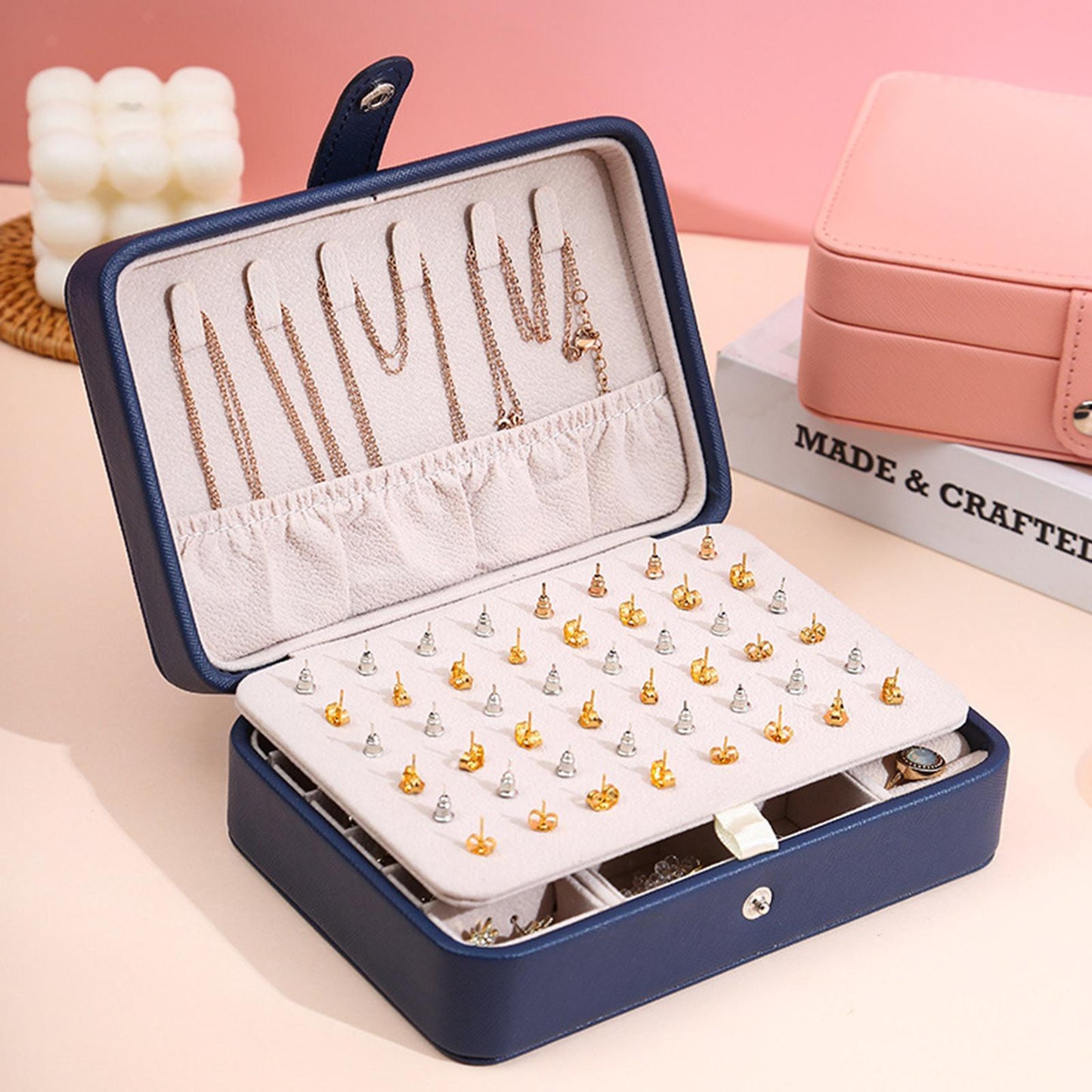 Leather Flip Lid Jewelry Storage Box Ring Earring Organizer