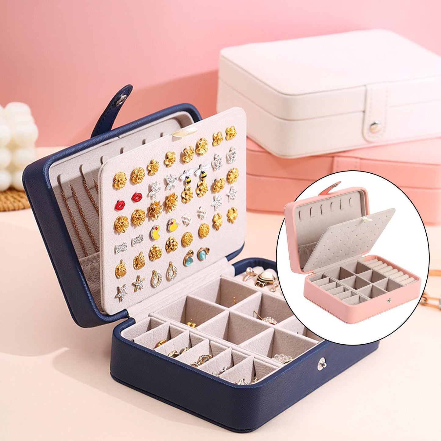 Leather Flip Lid Jewelry Storage Box Ring Earring Organizer