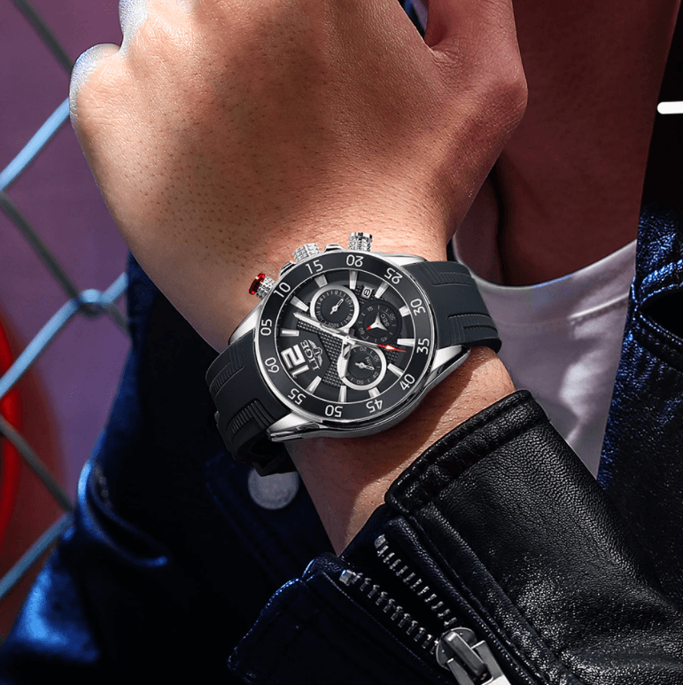 Luxury Chronograph Sports Watch – Men’s Quartz Silicone Strap Wristwatch