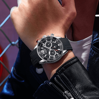 Luxury Chronograph Sports Watch – Men’s Quartz Silicone Strap Wristwatch