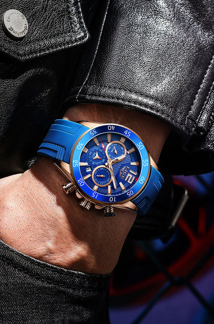 Luxury Chronograph Sports Watch – Men’s Quartz Silicone Strap Wristwatch