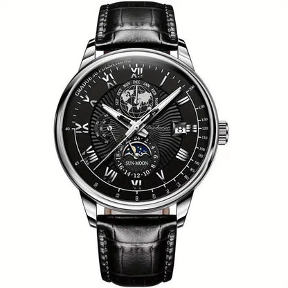 Luxury Waterproof Men’s Watch Round Dial Moon Phase Wrist Watch with Durable Strap