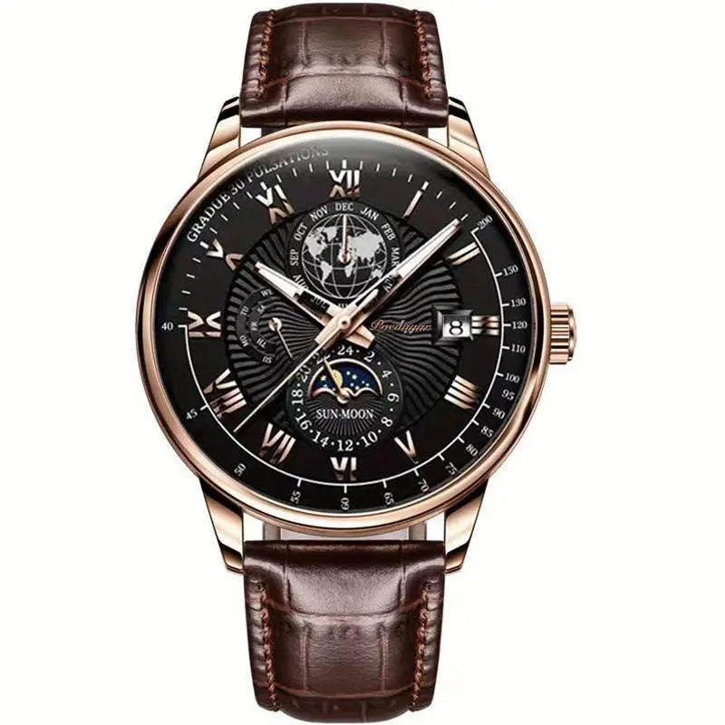 Luxury Waterproof Men’s Watch Round Dial Moon Phase Wrist Watch with Durable Strap