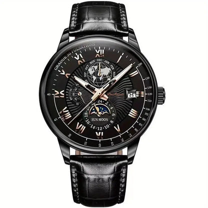 Luxury Waterproof Men’s Watch Round Dial Moon Phase Wrist Watch with Durable Strap