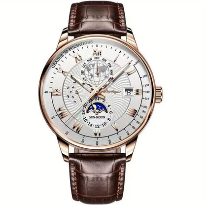 Luxury Waterproof Men’s Watch Round Dial Moon Phase Wrist Watch with Durable Strap