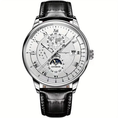 Luxury Waterproof Men’s Watch Round Dial Moon Phase Wrist Watch with Durable Strap