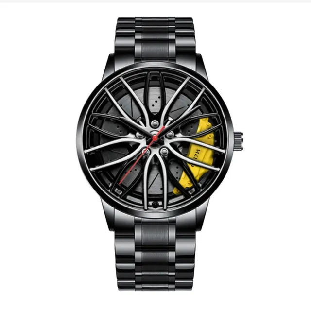Men Automotive Inspired Wrist Watch Stainless Steel Leather Strap Chronograph Date Display