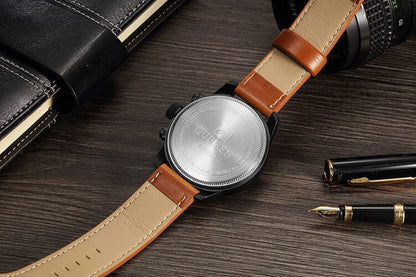 Men's Chronograph Leather Watch Analog Quartz Wristwatch for Business and Formal Wear