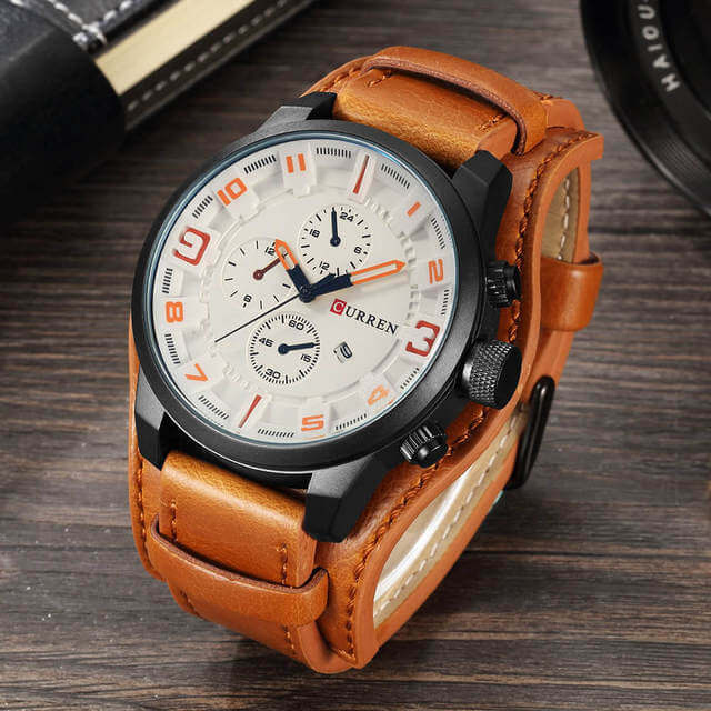 Men's Chronograph Leather Watch Analog Quartz Wristwatch for Business and Formal Wear