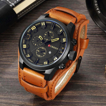 Men's Chronograph Leather Watch Analog Quartz Wristwatch for Business and Formal Wear