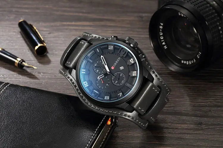 Men's Chronograph Leather Watch Analog Quartz Wristwatch for Business and Formal Wear
