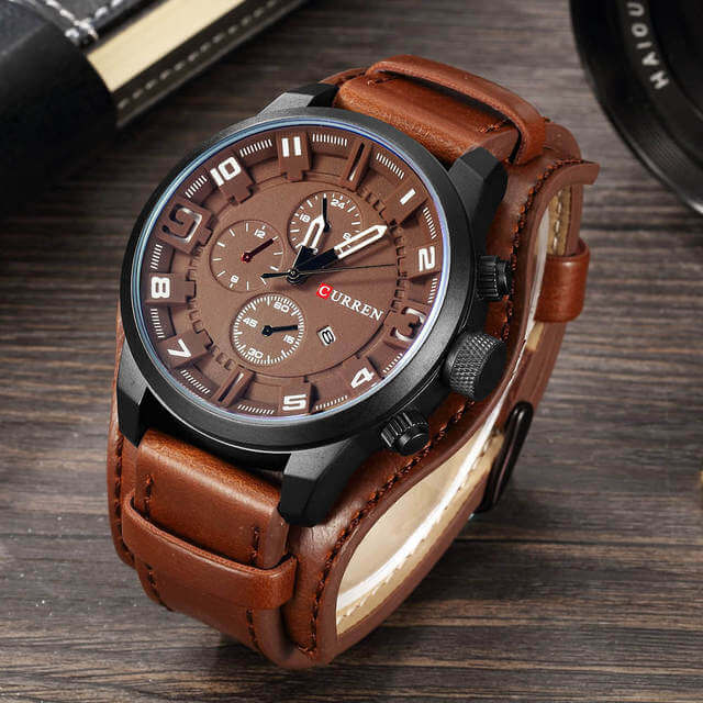 Men's Chronograph Leather Watch Analog Quartz Wristwatch for Business and Formal Wear