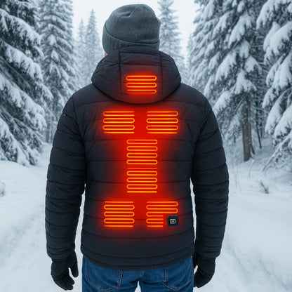 Men's Heated Puffer Winter Jacket Three Heat Settings Hood Quilted Insulation Coat