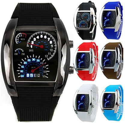 Men's LED Speedometer Watch Digital Display Car Dashboard Style Rubber Strap