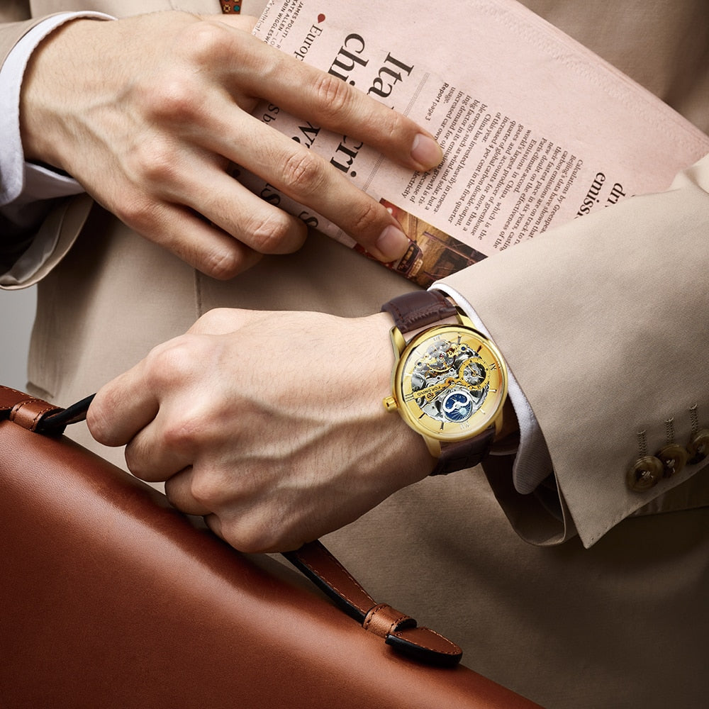 Men’s Skeleton Watch – Luxury Automatic Mechanical Watch with Leather Strap