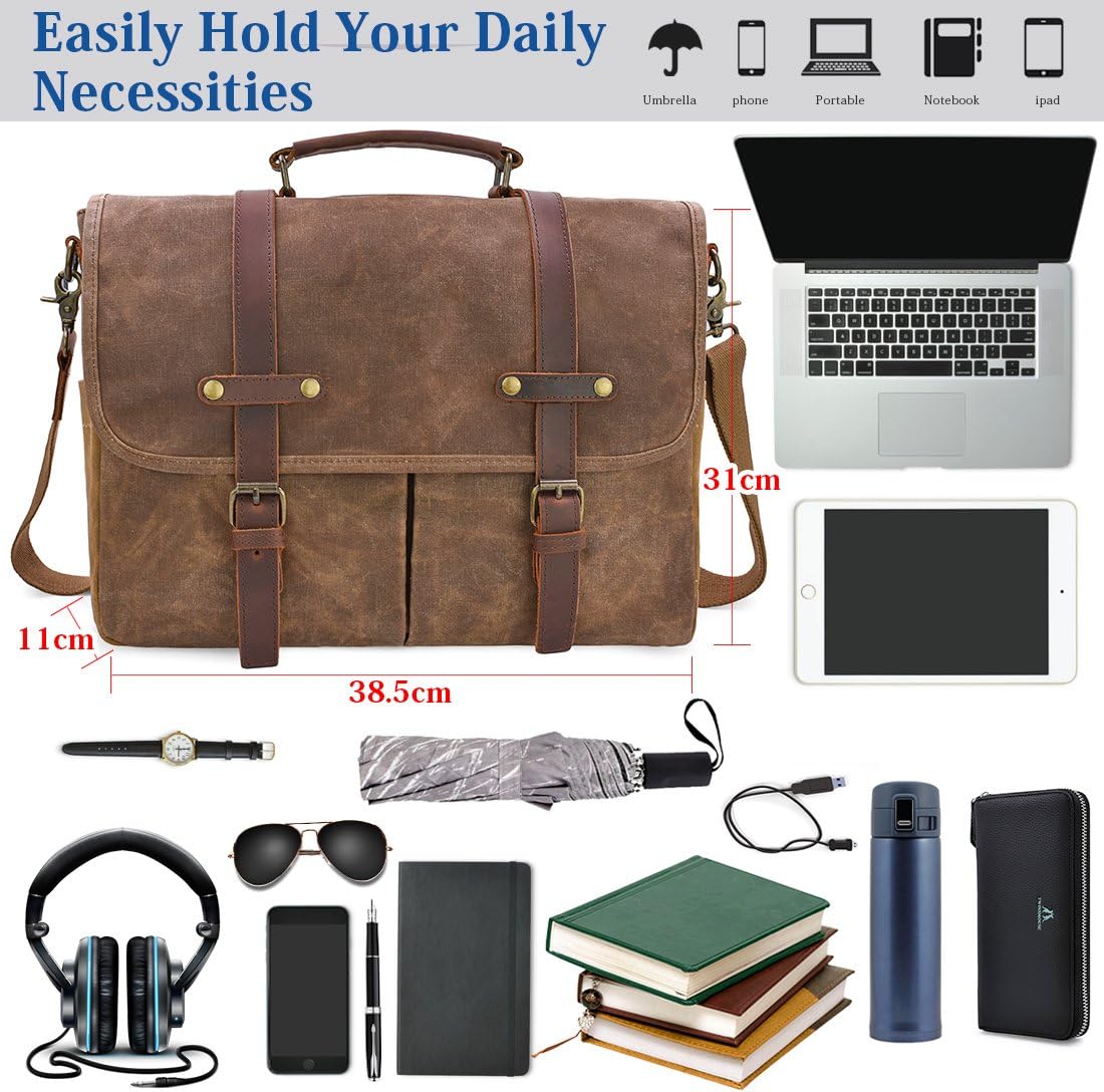 Men's Waterproof Canvas Shoulder Bag Laptop Briefcase Vintage Work Messenger 15.6 Inch Brown