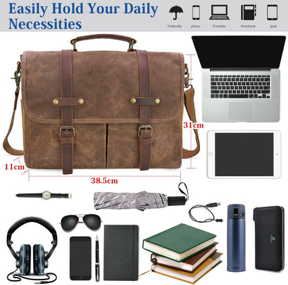 Men's Waterproof Canvas Shoulder Bag Laptop Briefcase Vintage Work Messenger 15.6 Inch Brown