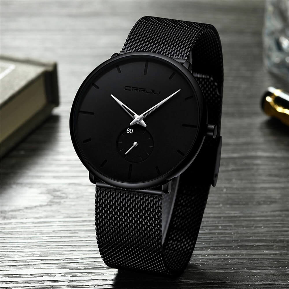 Minimalist All Black Blue Analog Watch Stainless Steel Leather Strap