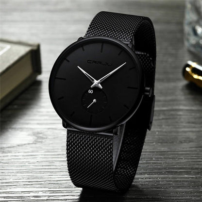 Minimalist All Black Blue Analog Watch Stainless Steel Leather Strap