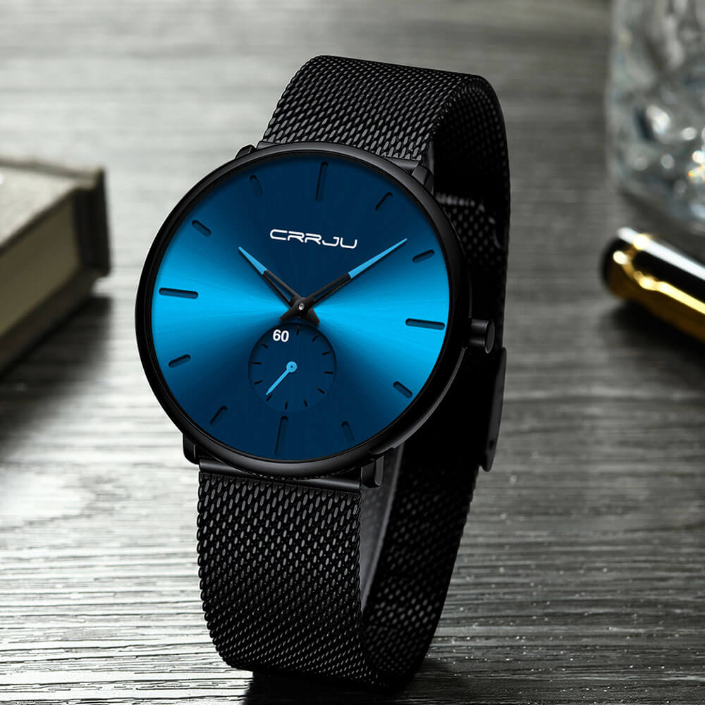 Minimalist All Black Blue Analog Watch Stainless Steel Leather Strap