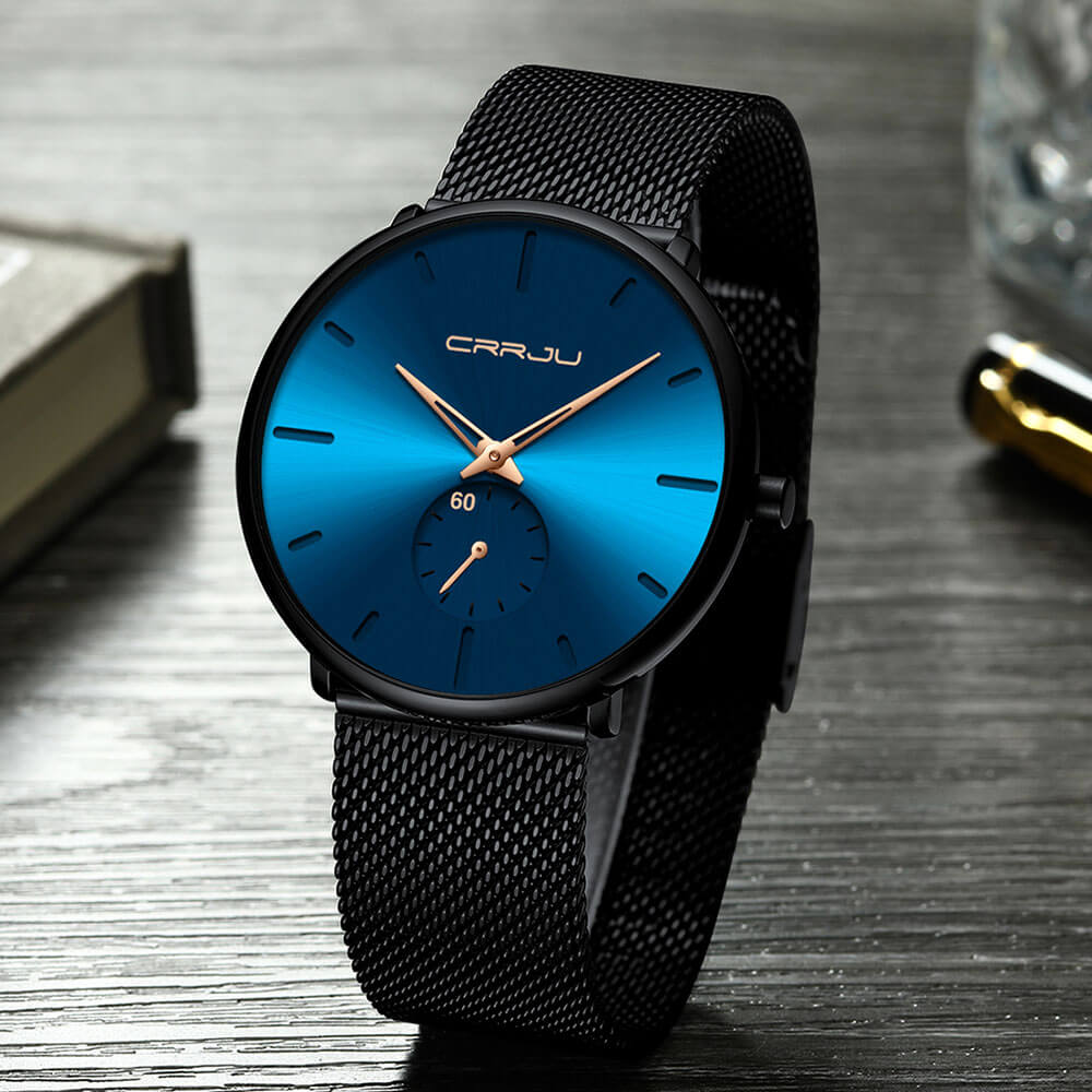 Minimalist All Black Blue Analog Watch Stainless Steel Leather Strap