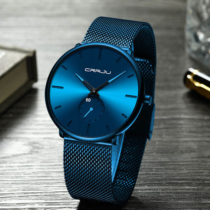 Minimalist All Black Blue Analog Watch Stainless Steel Leather Strap