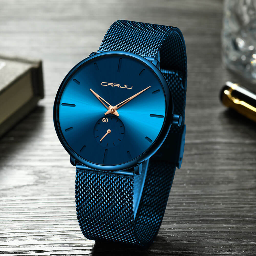 Minimalist All Black Blue Analog Watch Stainless Steel Leather Strap