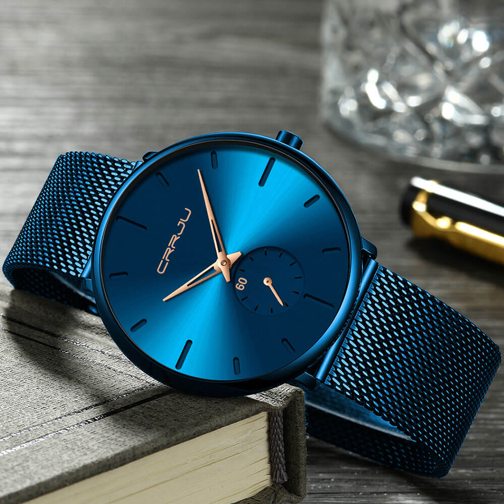 Minimalist All Black Blue Analog Watch Stainless Steel Leather Strap