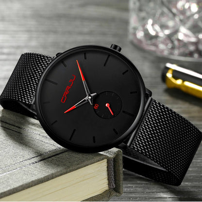 Minimalist All Black Blue Analog Watch Stainless Steel Leather Strap