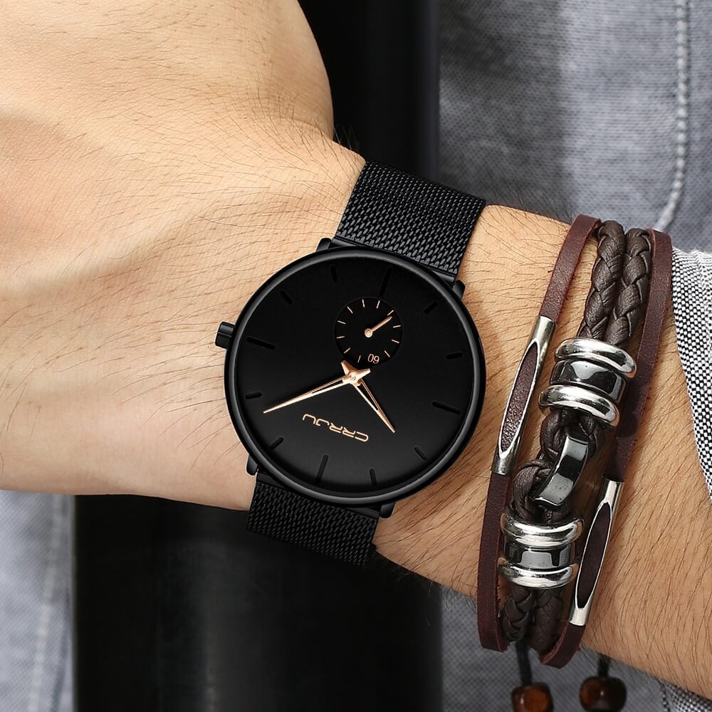 Minimalist All Black Blue Analog Watch Stainless Steel Leather Strap